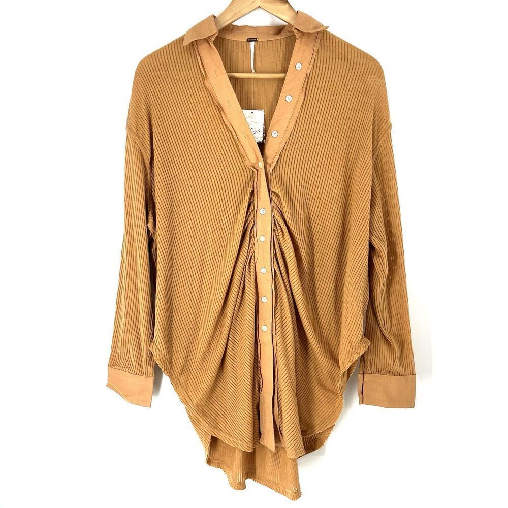 Free People Top Size XS Honey Ribbed Oversized Button Up Day Racing Shirt Boho